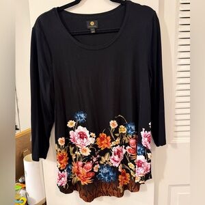 JM Collection Black Floral Long Sleeve Top